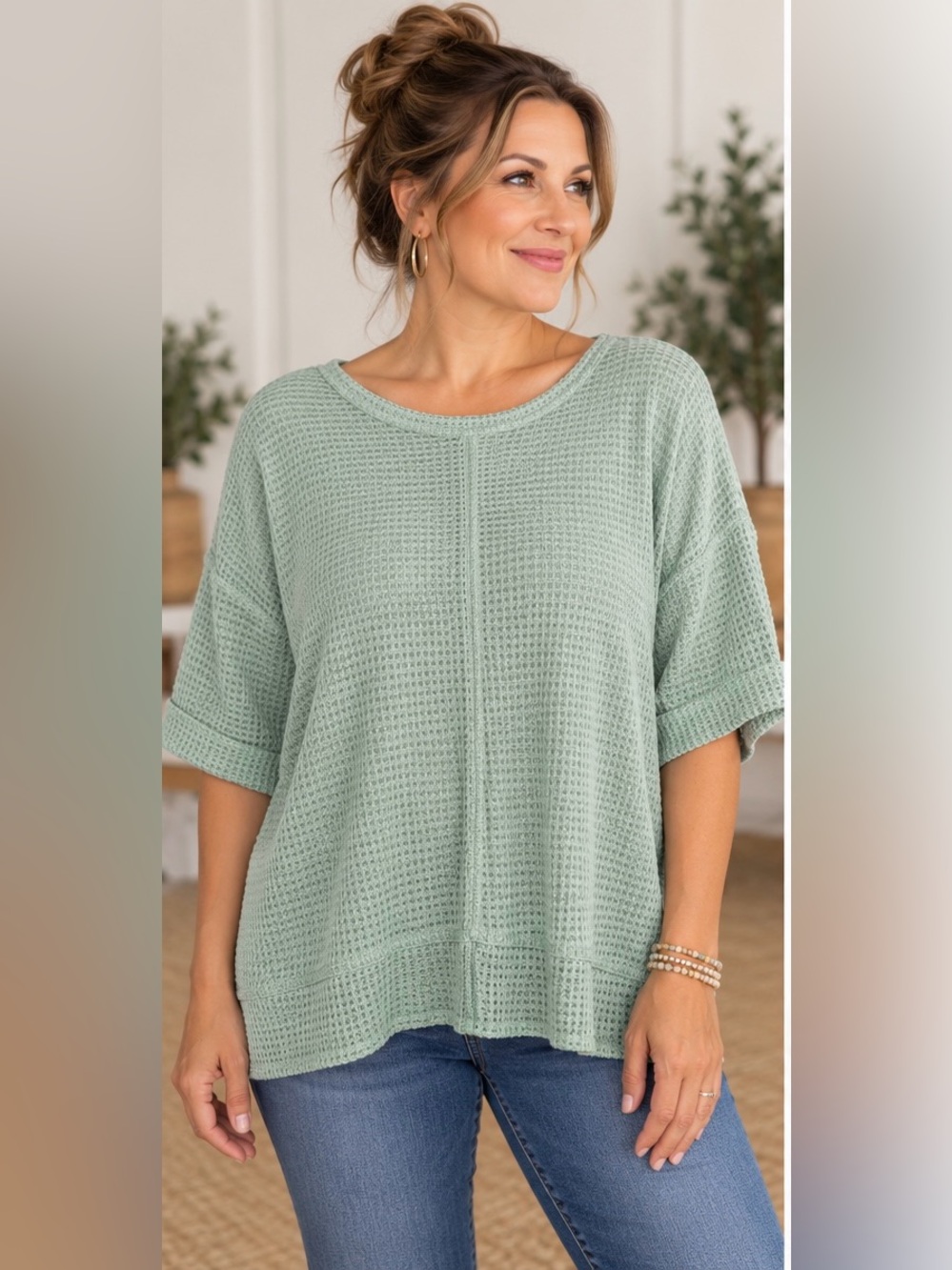ZENANA Waffle Knit Short Sleeve Top Short Sleeve Knit Top in Mint Green Oversize